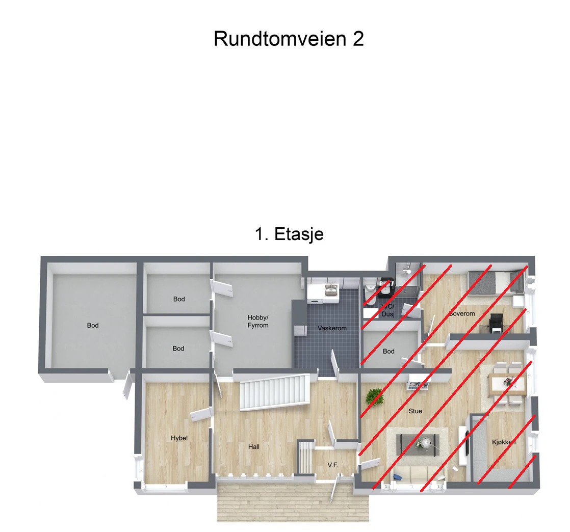 planløsning 1 etasje (markert bort det som ikke er endel av utleien)